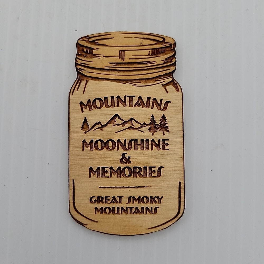 Great Smoky Mountains Moonshine Memories Wood Mason Jar Fridge Magnet TN
